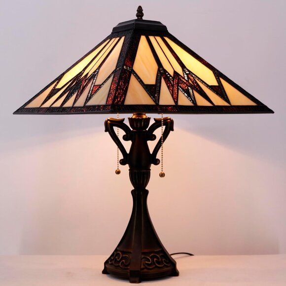 Tiffany Style Table Lamp Stained Glass Cream Amber Square Geometric Mission - Picture 2 of 6